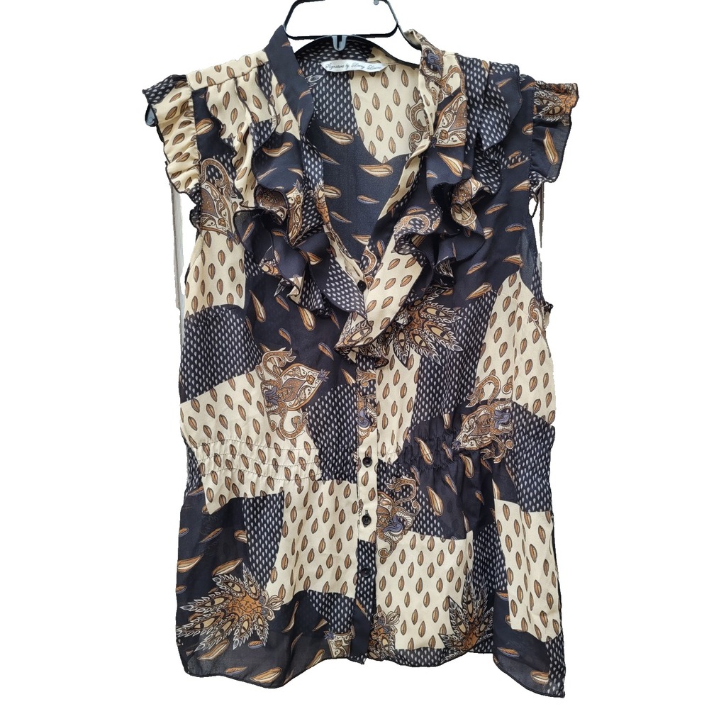 Larry Levine Womens L Black Cream Ruffled Sleeveless Blouse Lightweight Top
